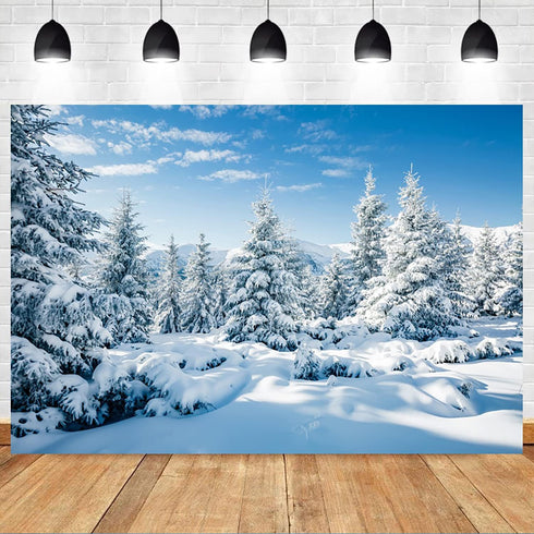 Renaiss 7x5ft Winter Snow Scene Backdrop White Snowy Covered Pine Trees Snowflake Wonderland Winter Nature Landscape Photography Background for Christmas New Year Party Decor Photo Studio Props