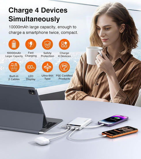 TEMINICE 2 10000mAh, 22.5W Pack, 17 16 15 Power Bank with Built-in Cables PD Slim Portable Charger USB C Battery Travel