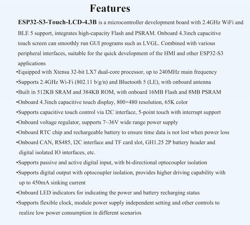 ESP32-S3 4.3inch Touch Screen Development Board, Capacitive IPS Display 800x480, Support 2.4GHz Wi-Fi and Bluetooth 5