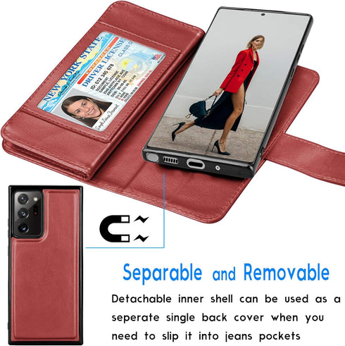 Galaxy Note 20 Ultra Case, Luxury Wallet Case with Cash & Credit Card Slots, Detachable Magnetic Hard Cover (Wine Red)