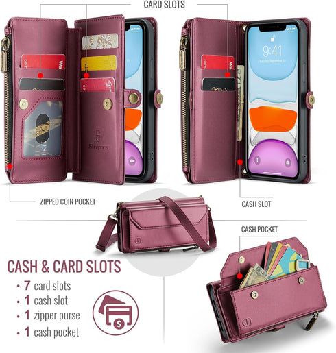 Strapurs 11 7-Card 11 6.1" Wallet Case Compatible with iPhone RFID Blocking Holder Soft PU Leather Magnetic Snap