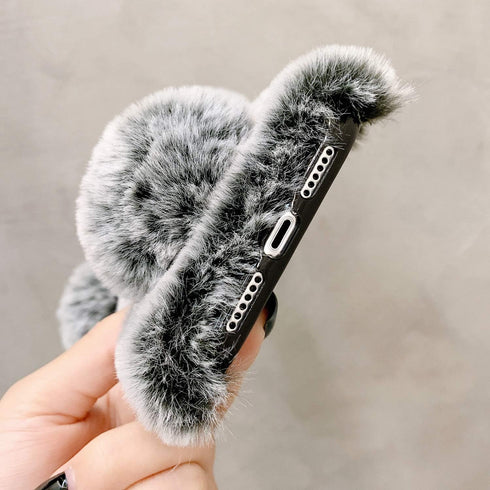LUVI Plush Furry Case for iPhone 12, Cute Cartoon Bear Ear with Bling Glitter, 3D Diamond Bowknot, Gray