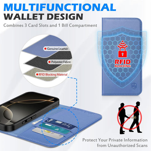 SHIELDON 16 6.1", 16 5G 2024 Wallet Case for iPhone Genuine Leather Folio Magnetic Kickstand RFID Blocking Credit Card