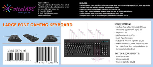 New 104-Key Large Print USB Wired Keyboard, 7ft, Spill-Resistant, Sleek Black for Laptop, Mac, TV, and Computer