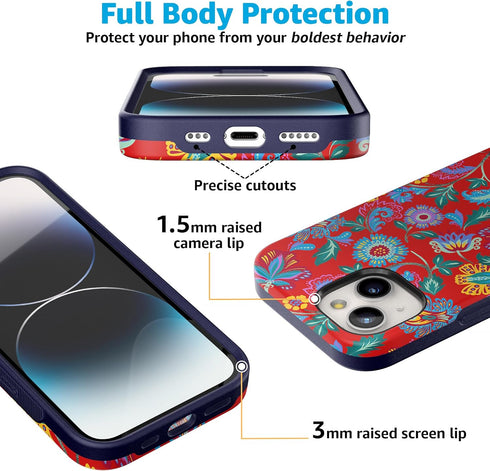 Casely iPhone 15 Plus Case, Painted Flowers, Frida Kahlo Floral Girly Design, Bold Case, MagSafe Compatible