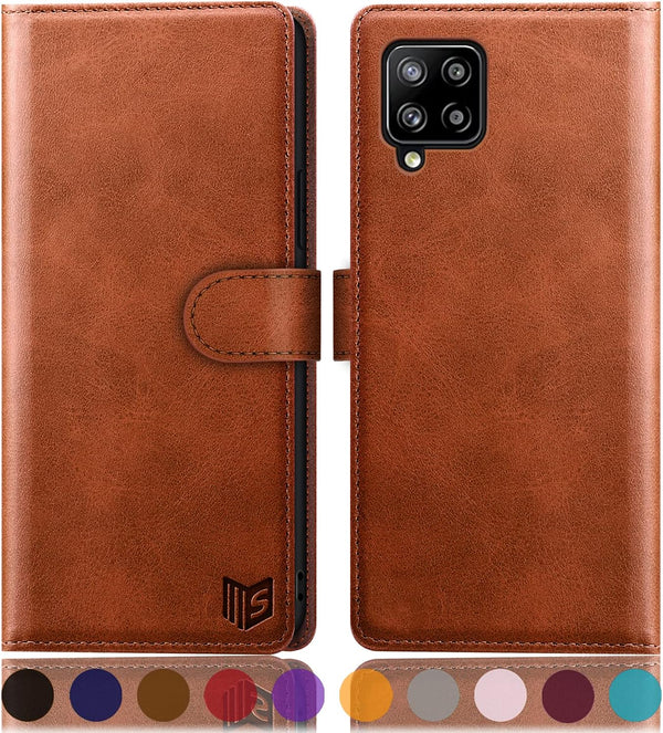 SUANPOT for Samsung Galaxy A12 with RFID Blocking Leather Wallet Case, Flip Folio Book Phone Case (Light Brown)