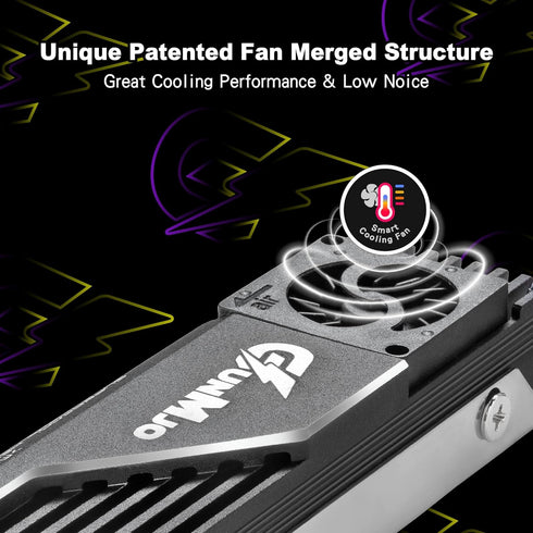 GUNMJO M.2 2280 SSD Heatsink, 20mm Built-in Cooling Fan, Aluminum Plate-Fin Design, with Thermal pad for AI and Gaming PC, Black