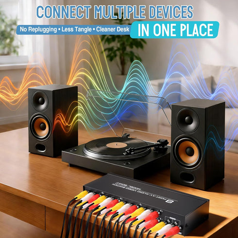 Gulfmew 8 4 8 1 8 Way AV Switch, RCA Switcher with FT RCA Cable, in Out Composite Video L/R Audio Selector Box, Port AV
