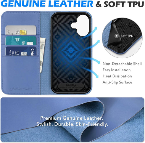 SHIELDON 16 6.1", 16 5G 2024 Wallet Case for iPhone Genuine Leather Folio Magnetic Kickstand RFID Blocking Credit Card