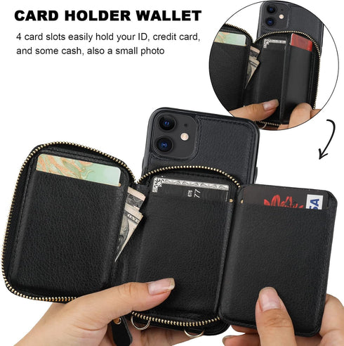 Bocasal RFID Blocking Wallet Case for iPhone 11 - Black, Adjustable Crossbody Zipper Purse Case with Detachable Wrist