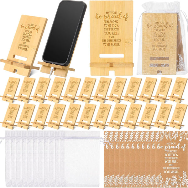 Novabright 24 Sets Employee Appreciation Gifts Bulk Bamboo Wooden Phone Stand for Desk