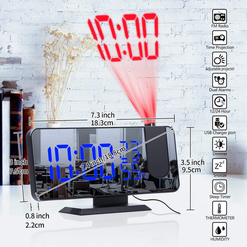 4 Dimmer 180 2 7.4'' ThreeH Projection Alarm Clock Radio Digital Alarm Clock & Rotable & Sounds Large Mirror Display