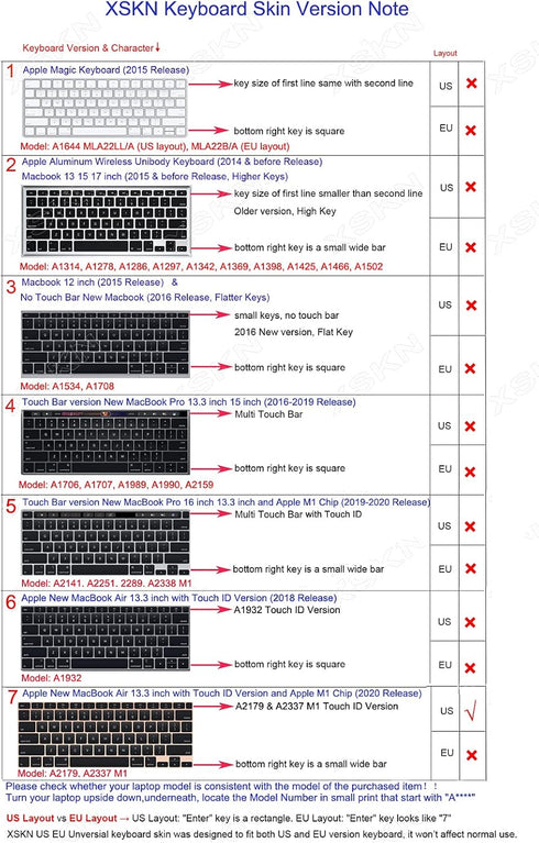 XSKN Silicone Keyboard Cover Skin K-351DU for 2020 MacBook Air 13.3" A2179 A2337 M1 Chip (US Spanish Black)