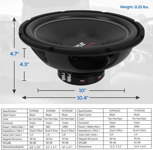 Pyle 10" Car Audio Speaker Subwoofer - 1000 Watt High Power Bass Surround Sound System