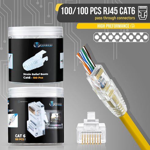 Everest Media Solutions RJ45 Cat6 Pass Through Connectors and Strain Relief Boots, Pack of 100, EZ to Crimp Modular Plug