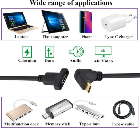 90 Degree USB 3.1 Type C Panel Mount Cable Gen 2 (1M/3ft) - Up&Down Angle, Supports Charging, Data, Audio, Video for
