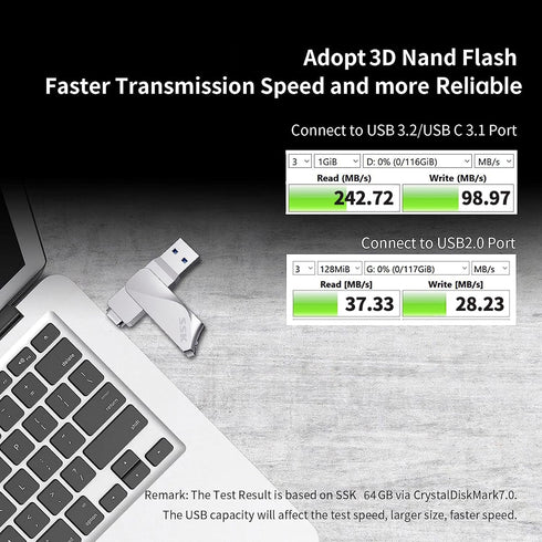 SSK 64GB 200MB/s 2 1 3.2 1+ USB C Flash Drive up to Dual Drive in OTG USB A Gen Type C Memory Stick Thumb Drive