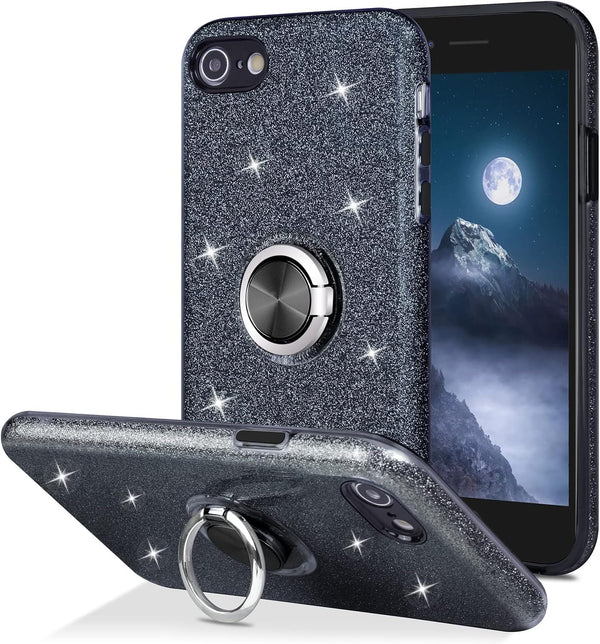 Wisdompro Case for iPhone SE 2022/2020, Cute Glitter Bling Sparkly Case with Ring Stand