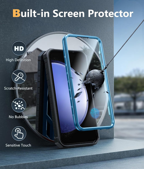 FNTCASE Galaxy S23 FE Case: Military Grade Shockproof TPU Cover with Kickstand & Screen Protector - Blue Full