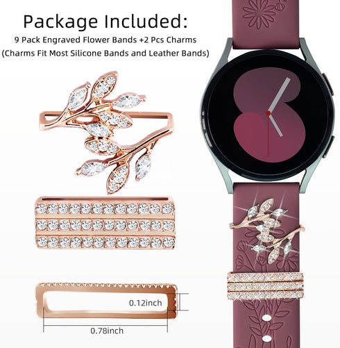 Bands for Samsung Galaxy Watch 7/6/5/4, 40mm 44mm with Charms, Women Flower Engraved Silicone Strap