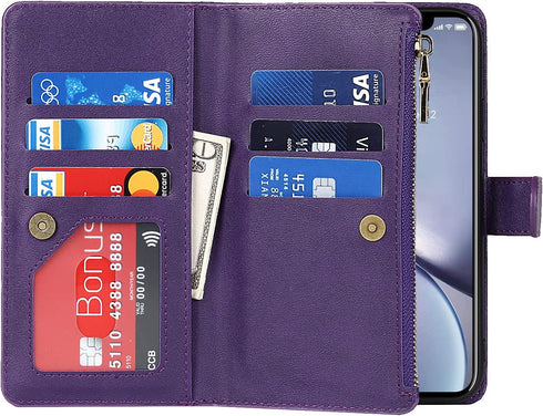 Jaorty Wallet Case for iPhone XR, 9 Card Slots, Wrist Strap, Zipper Cash Pocket, Magnetic Leather Cover, Purple