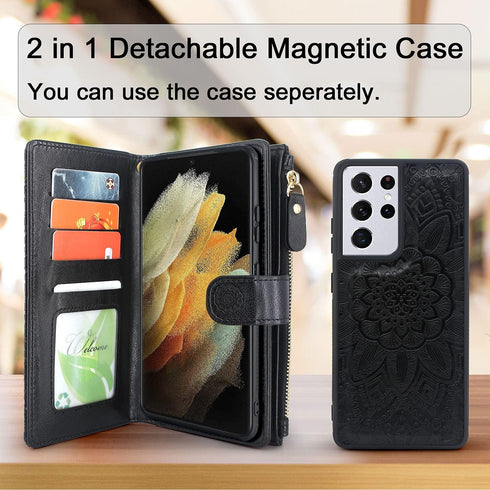 Harryshell Detachable Magnet Zipper Wallet Case for Samsung Galaxy S21 Ultra 5G, 12 Card Slots Holder (Floral Black)