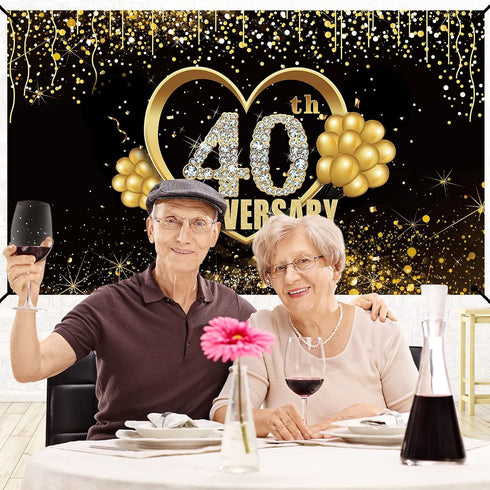 Happy 40th Anniversary Banner Backdrop Decorations, Large Black Gold Wedding Sign Decor for Party Supplies