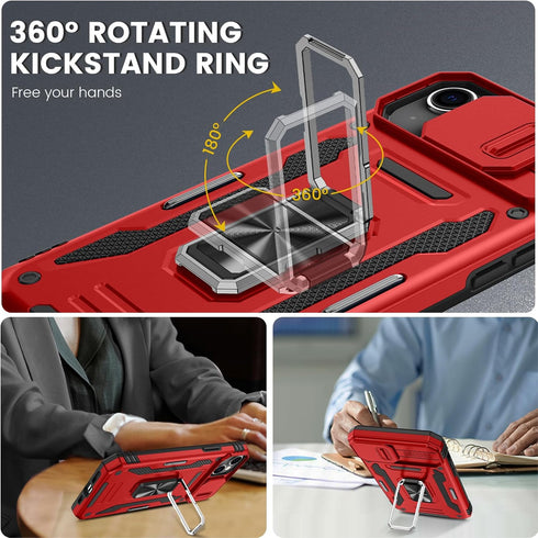 Maxdara iPhone 15 Case with Slide Camera Cover, Screen Protector & 360° Rotate Ring Stand, Red, 6.1 inch.