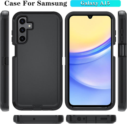 Qinmay Samsung Galaxy A15 5G Case - with HD Screen Protector, Durable Shockproof 3-Layer Cover - Black