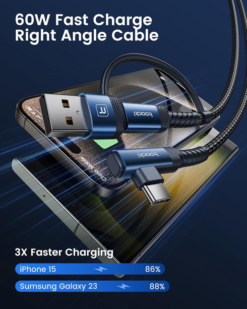60W USB C to USB C Cable (2-Pack 6.6FT), Right Angle Fast Charging USB A to USB C Charger Cable for iPhone 15 Pro