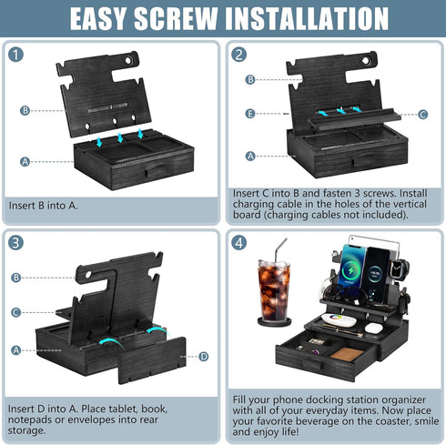 Black Wood Phone Docking Station - Nightstand Organizer for 3 Phones with Drawer for Valuables, Apple Watch Compatible
