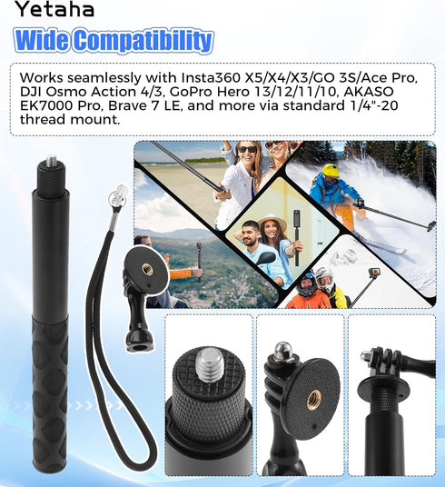 Yetaha 47.2" (120cm) Insta360 X5/X4/X3, 1311, Invisible Selfie Stick, Extended Monopod Pole Compatible for GoPro Hero