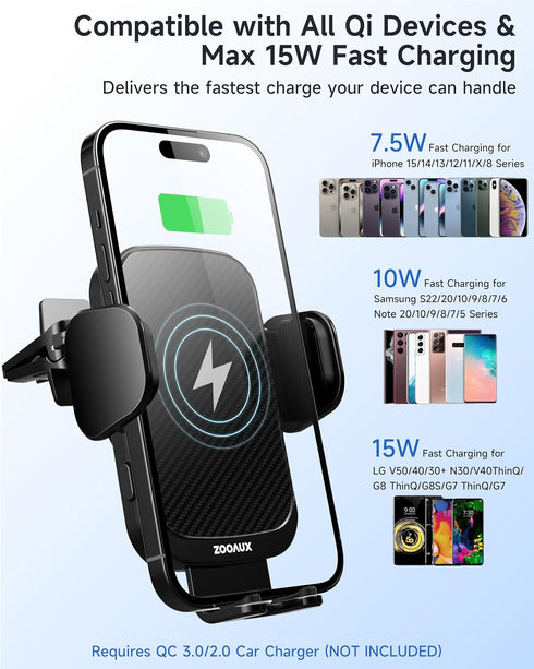 ZOOAUX Wireless Car Charger Vent Mount, 15W Fast Charging Auto-Clamping Car Phone Holder for iPhone and Samsung