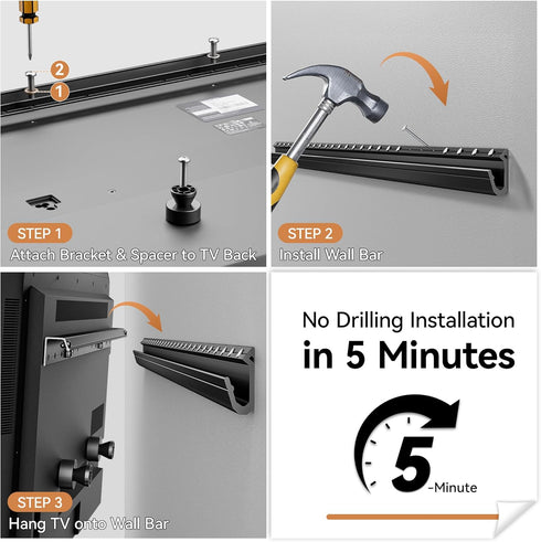 Antimbee 32-75 Inch 600x400mm 150lbs, 5, Studless Drywall TV Wall Mount, No Stud No Drill TV Bracket Hanger for TVs