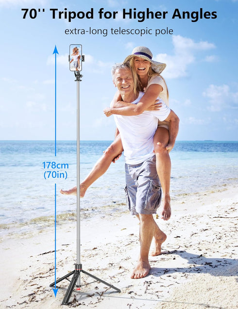 qirita 70" 1/4" Extendable Selfie Stick Tripod, Automatic Phone Tripod with Magnetic Remote & Screw, Lightweight Travel