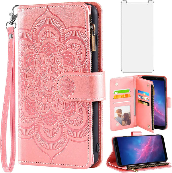 Asuwish Cloud Mobile Stratus C7 Wallet Case with Flower Design, Tempered Glass Protector, and Card Holder - Rose Gold.