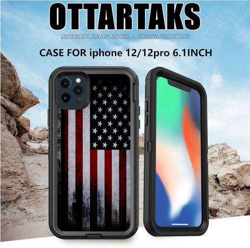 Compatible iPhone 12 Case with Screen Protector, Retro American Flag Design for Men Boys, 3-in-1 Heavy Duty Protection