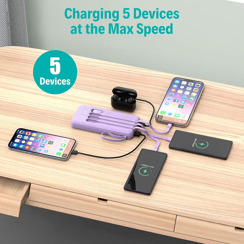 Portable Charger with Built-in Cables, 10000mAh Slim USB C Power Bank, High Speed External Battery Pack for iPhone