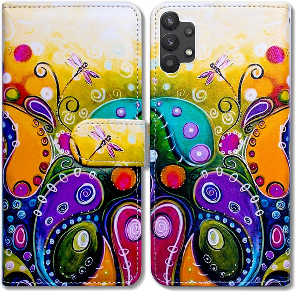 Galaxy A32 5G Case, Colorful Dragonfly Leather Flip Wallet Cover with Card Slot Holder Kickstand for Samsung A32