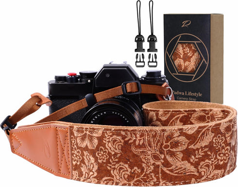 Padwa Lifestyle Cork Camera Strap - 2" Top Layer Cowhide, Natural Log Crackle Art Print, Soft Velvet Padded