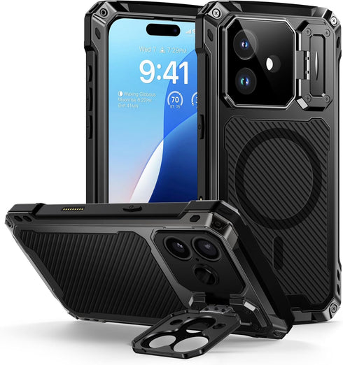 Lanhiem for iPhone 17 Metal Case with Kickstand, Compatible with MagSafe, Built in