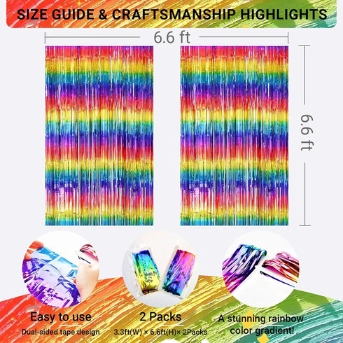 Sparkly Rainbow Foil Fringe Curtain, Metallic Streamers Tinsel Party Backdrop Decorations - 2 Packs