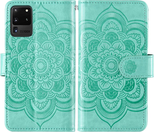 Asuwish Wallet Case for Samsung Galaxy S20 Ultra 5G with Tempered Glass Protector, Flip Card Holder, Green.
