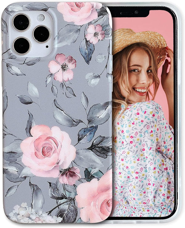 YeLoveHaw iPhone 12 and 12 Pro Case for Women, Soft Slim Protective Case, Floral & Purple Gray Leaves