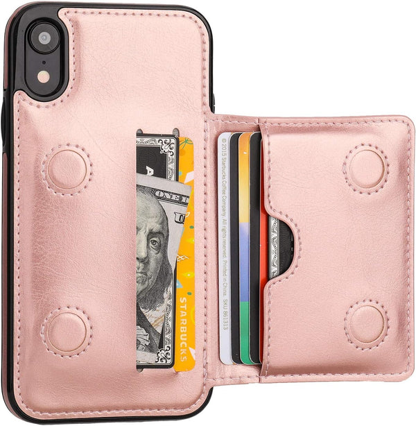KIHUWEY Compatible with iPhone XR Wallet Case, Premium Leather Kickstand Protective Cover (Rose Gold)
