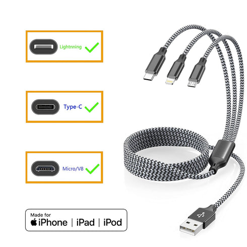 Multi Charging Cord 4ft, 2Pack Nylon Braided Apple MFi Certified iPhone Charger, 3 in 1 Lightning Cable