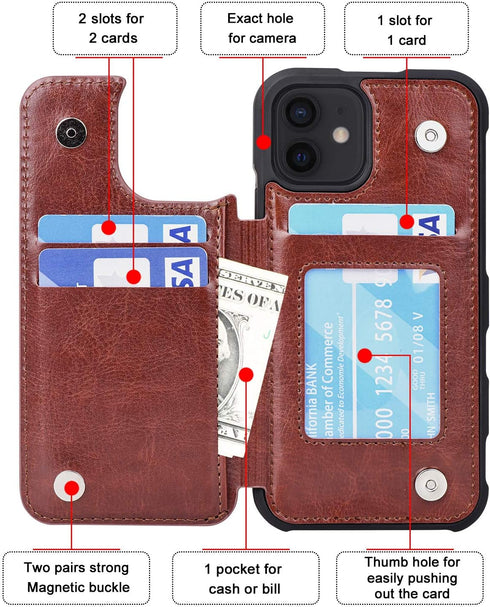 Arae Compatible with iPhone 12 Case - Wallet Case with PU Leather Card Pockets Back Flip Cover for iPhone 12/12 Pro