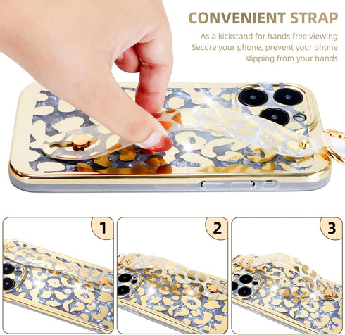 Cheetah Print Ultra Slim IMD Shockproof Wrist Band Kickstand Cover Case for iPhone 13 Pro 6.1-inch (Leopard Skin