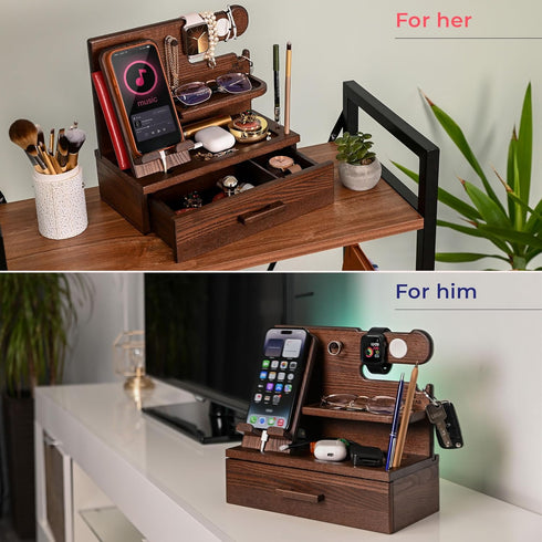 TESLYAR Wood Phone Docking Station with Drawer, Desk Accessories & Workspace Organizer for Nightstand (Brown)