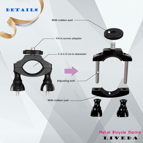 Bike Camera Mount for Mountain Bicycle/Motorcycle, Compatible with GoPro, OSMO, SJCAM, DJI with 1/4 Screw Adapter